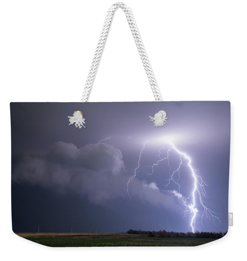 Lightning Weekender Tote Bag featuring the photograph It Came From Above by Aaron J Groen
