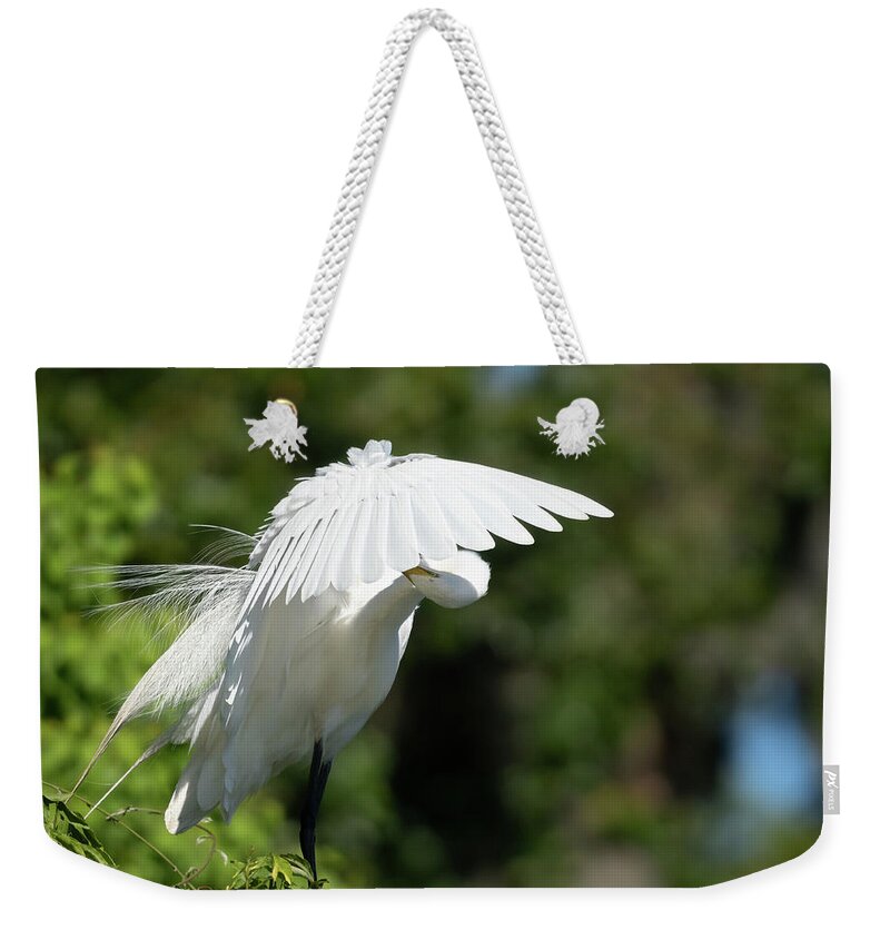 Great Egret Weekender Tote Bag featuring the photograph It's Here Somewhere by Jim Miller