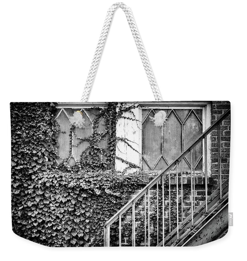  Weekender Tote Bag featuring the photograph Ivy, Window And Stairs by Steve Stanger