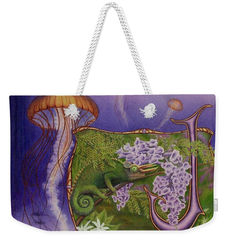 Kim Mcclinton Weekender Tote Bag featuring the drawing J is for Jellyfish by Kim McClinton