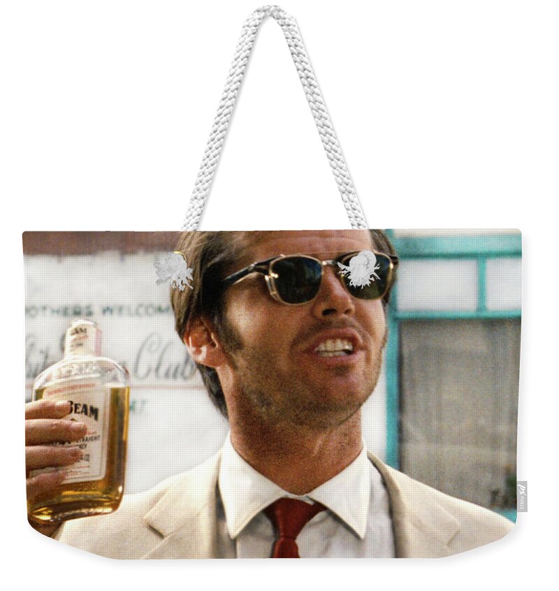 Jack Nicholson Weekender Tote Bag featuring the mixed media Jack Nicholson, here's to first of the day fellas, and to ol D. H. Lawrence . ' by Thomas Pollart