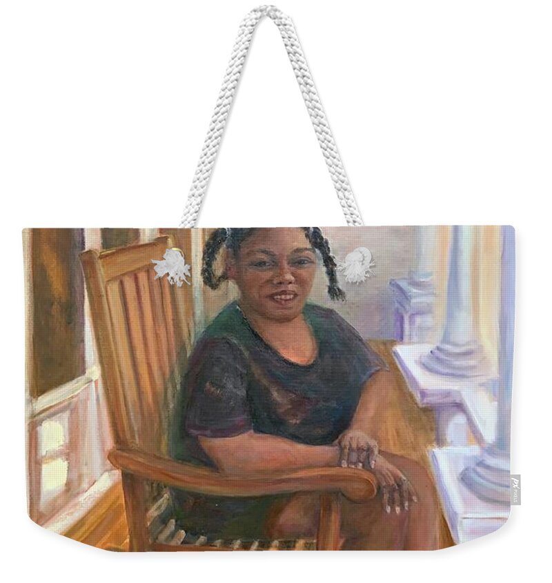 Ala Moana Surf Hotel Weekender Tote Bag featuring the painting Jackie on the Front Porch by Margaret Elliott