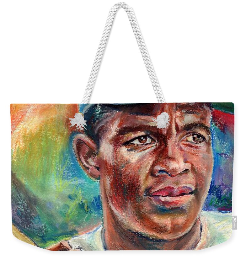 Jackie Robinson Weekender Tote Bag featuring the painting Jackie Robinson In Game by Suzann Sines