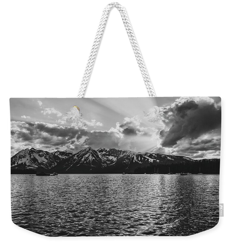 Colter Bay Reflections Black And White Weekender Tote Bag featuring the photograph Jackson Lake Grand Tetons Black And White Light by Dan Sproul