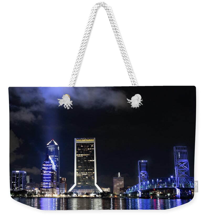 Jacksonville Weekender Tote Bag featuring the photograph Jacksonville Florida Nightlight Cityscape by Rebecca Herranen