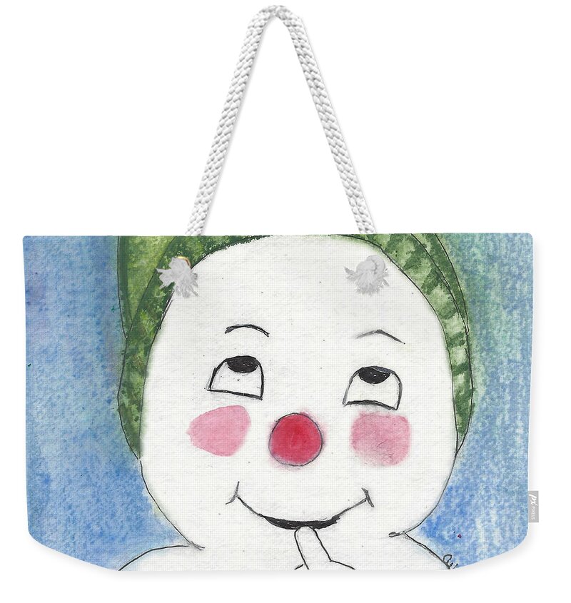 Snowman Weekender Tote Bag featuring the painting Jacques Frost Snowman with Rosy cheeks and a Green Toboggan by Ali Baucom
