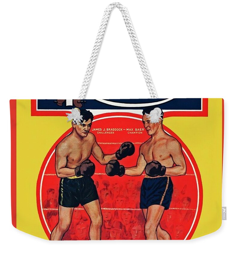 Poster Weekender Tote Bag featuring the painting James Braddock v Max Baer Wall Art Poster of Ring Mag Cover 1935 by MotionAge Designs