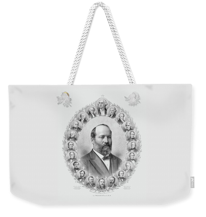 James Garfield Weekender Tote Bag featuring the drawing James Garfield and The Presidents of USA - Circa 1882 by War Is Hell Store