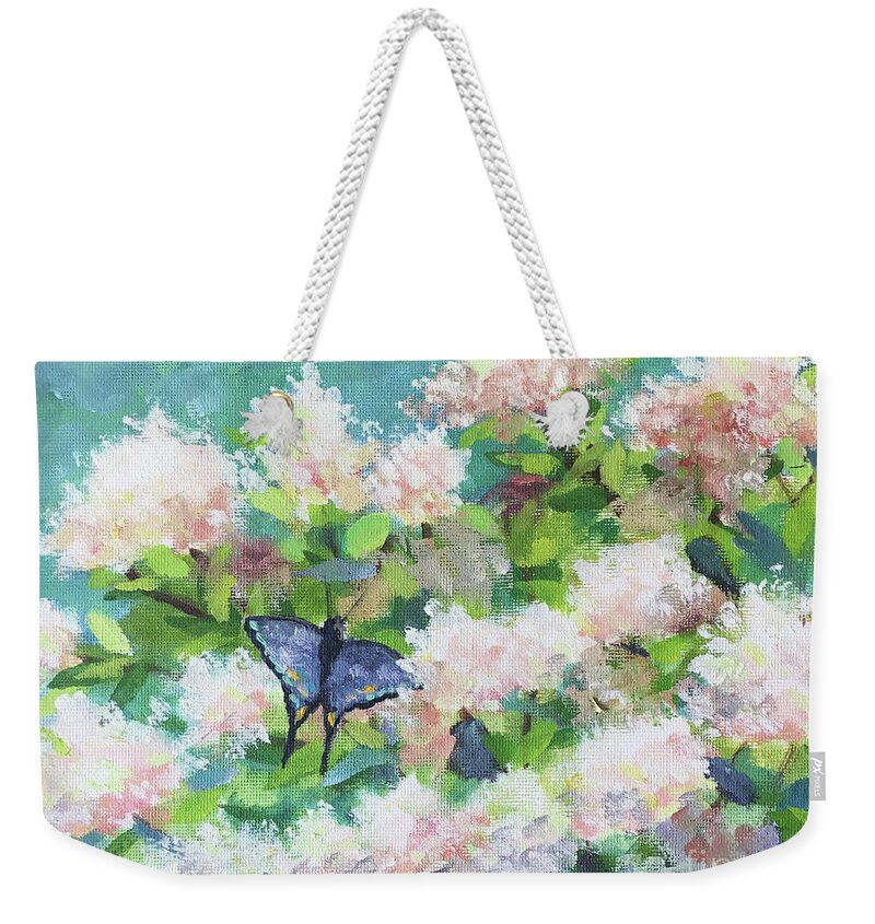Hydrangea Weekender Tote Bag featuring the painting Janet's Hydrangeas by Anne Marie Brown