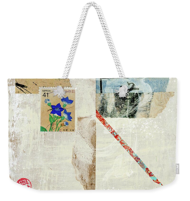 Postage Weekender Tote Bag featuring the mixed media Japanese Collage with Bellflower Postage Stamp by Carol Leigh