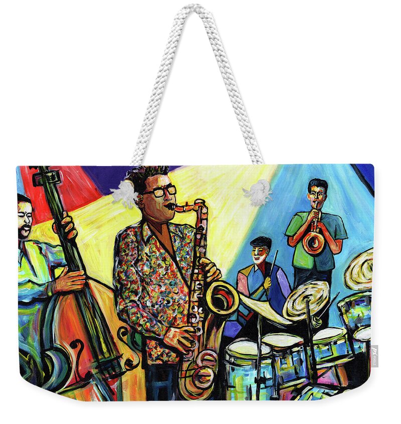 Abstract Art Weekender Tote Bag featuring the painting Jazz at Timucua with Jeff Rupert Quartet by Everett Spruill