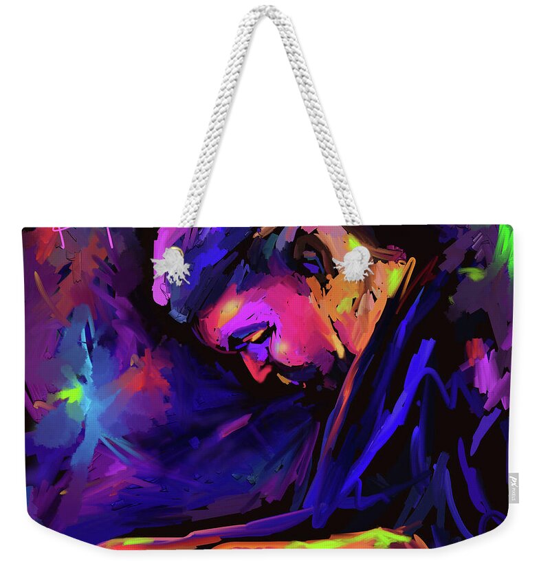 Dave Frank Weekender Tote Bag featuring the painting Jazz Monster Dave Frank by DC Langer