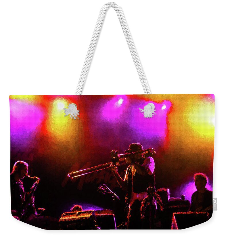 Jazz Weekender Tote Bag featuring the digital art Jazz Trio - a Jam Session in Purple and Yellow by Georgia Mizuleva