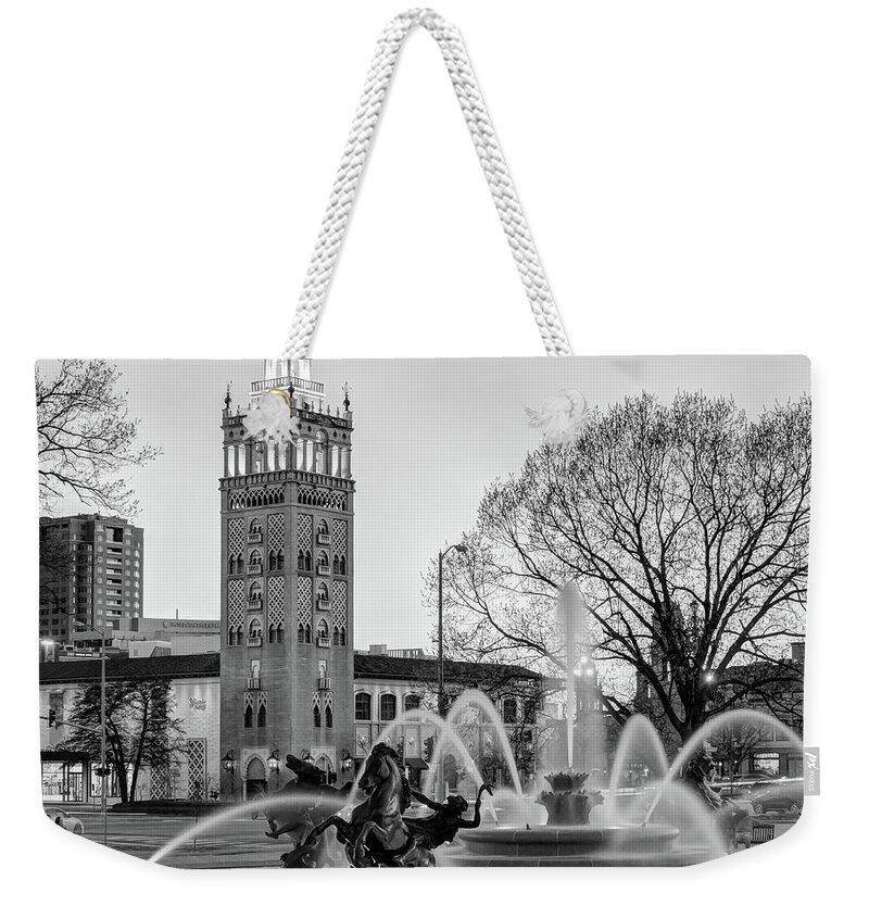 America Weekender Tote Bag featuring the photograph J.C. Nichols Memorial Fountain in the Plaza - Kansas City BW Square Format by Gregory Ballos