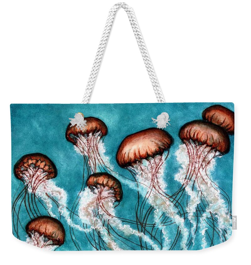 Jellyfish Weekender Tote Bag featuring the painting Jellyfish Ascending Ocean Blues by Janine Riley