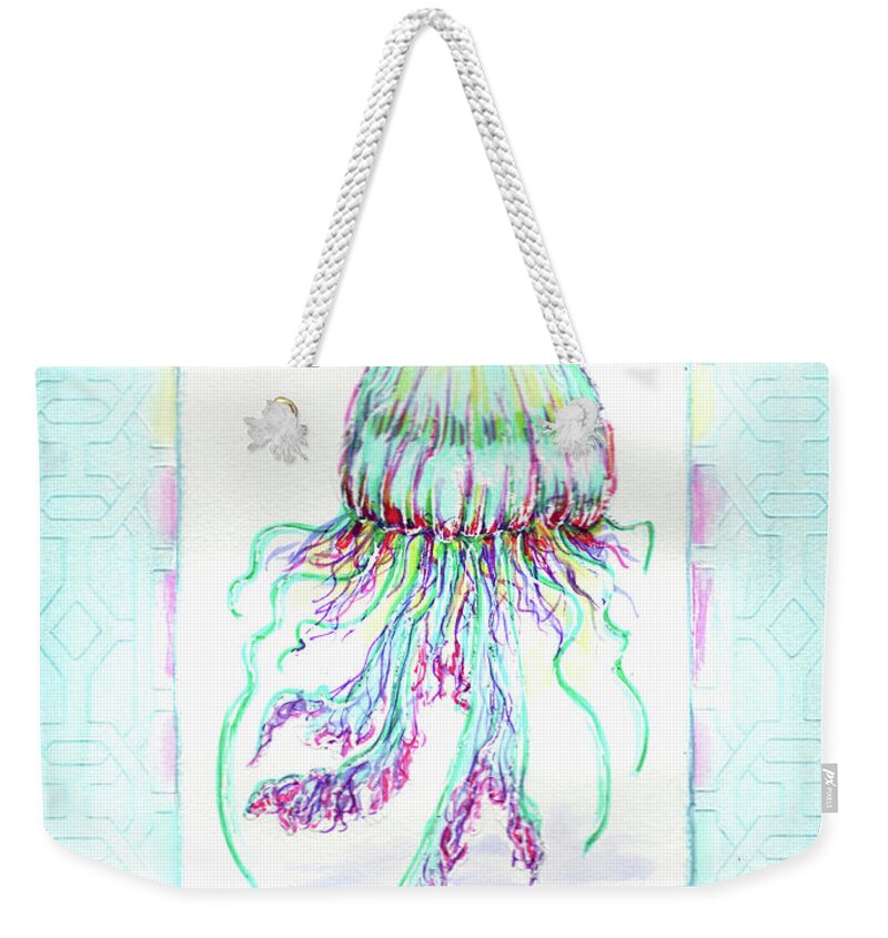 Jellyfish Weekender Tote Bag featuring the painting Jellyfish Key West Teal by Shelly Tschupp