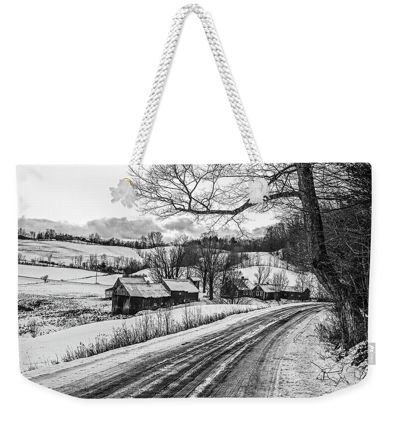Jenne Weekender Tote Bag featuring the photograph Jenne Farm Road in the Winter Snow Pomfret VT Vermont Woodstock Black and White by Toby McGuire