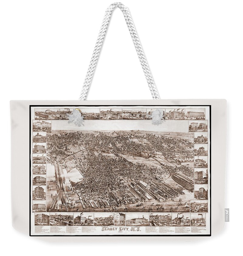 Jersey City Weekender Tote Bag featuring the photograph Jersey City New Jersey Vintage Map Birds Eye View 1883 Sepia by Carol Japp