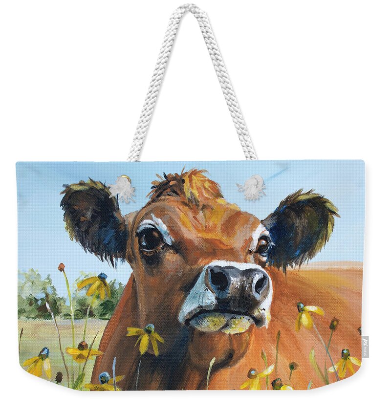 Cow Weekender Tote Bag featuring the painting Suzy - Jersey Cow Painting by Annie Troe