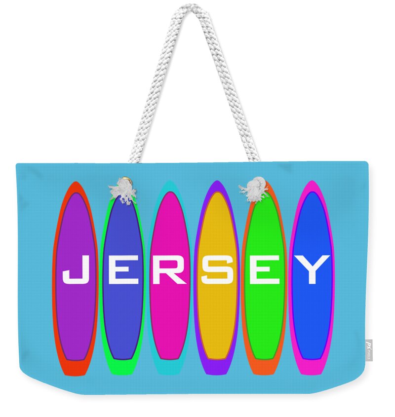 Jersey Weekender Tote Bag featuring the digital art Jersey Text on Surfboards by Barefoot Bodeez Art