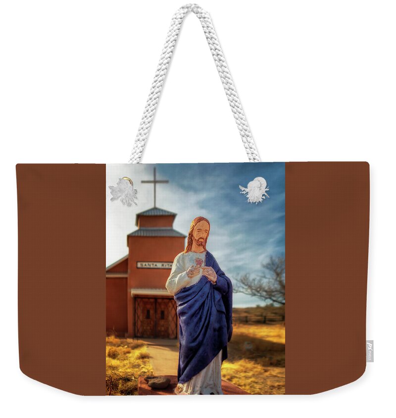 Christ Weekender Tote Bag featuring the photograph Jesus at Santa Rita Church - Riley NM - Ghost Town by Susan Rissi Tregoning