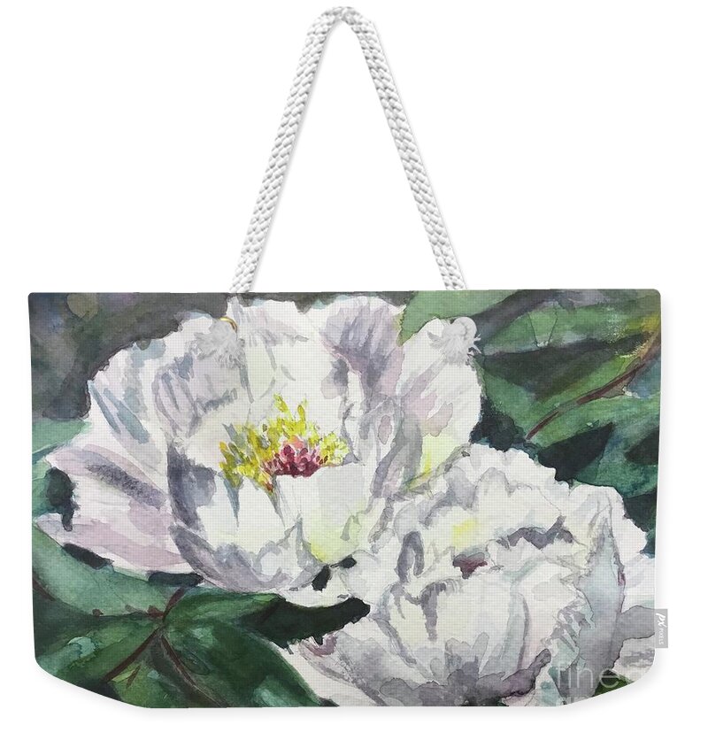 Peony Weekender Tote Bag featuring the painting Jewel of a Peony by Sonia Mocnik
