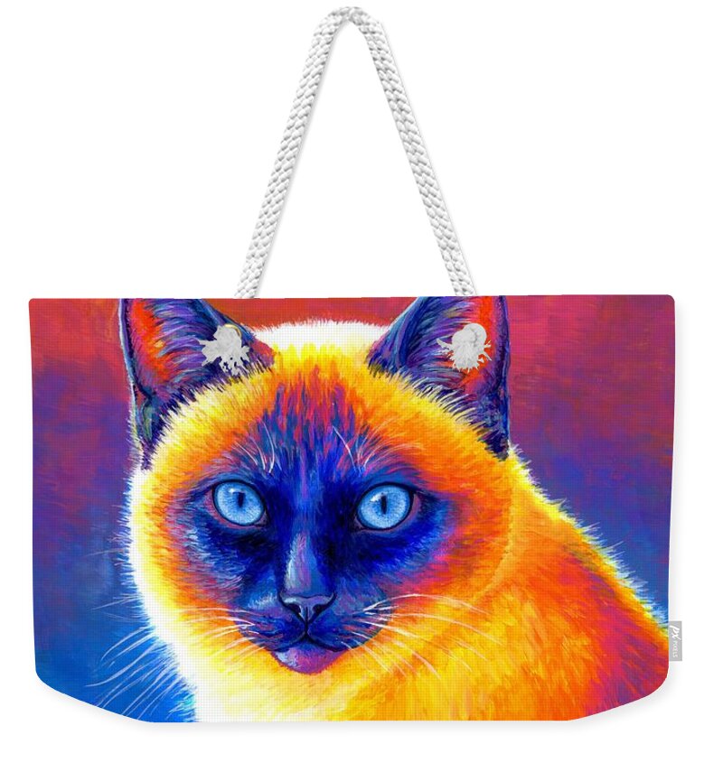Siamese Cat Weekender Tote Bag featuring the painting Jewel of the Orient - Colorful Siamese Cat by Rebecca Wang