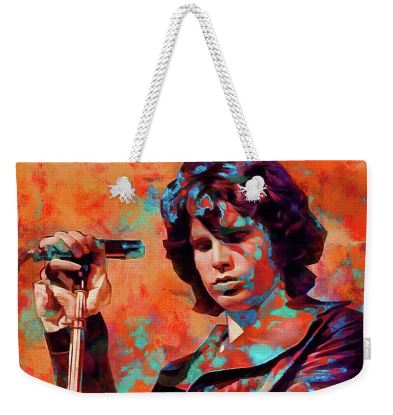 Jim Morrison Weekender Tote Bag featuring the mixed media Jim Morrison Tribute Art Soul Kitchen by The Rocker Chic