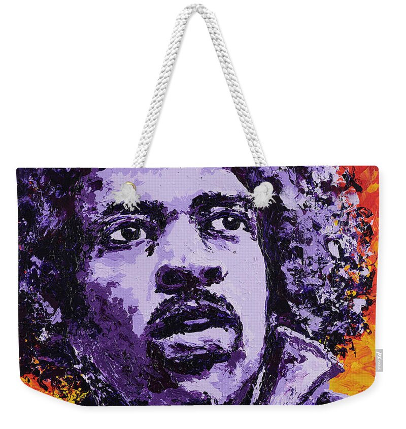 Jimi Hendrix Weekender Tote Bag featuring the painting Jimi Hendrix FIRE by Steve Follman