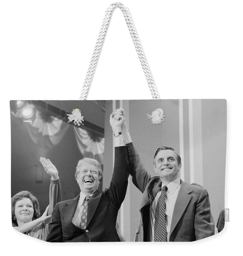 Jimmy Carter Weekender Tote Bag featuring the photograph Jimmy Carter and Walter Mondale - DNC In New York 1976 by War Is Hell Store