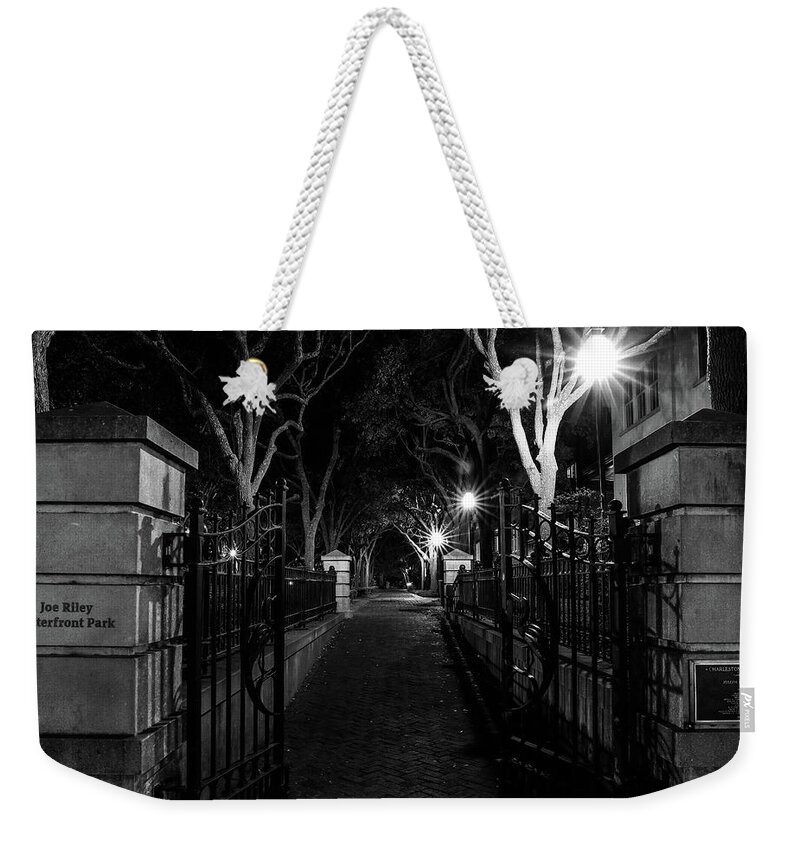 Joe Riley Waterfront Park At Night Black And White Weekender Tote Bag featuring the photograph Joe Riley Waterfront Park At Night Black And White by Dan Sproul