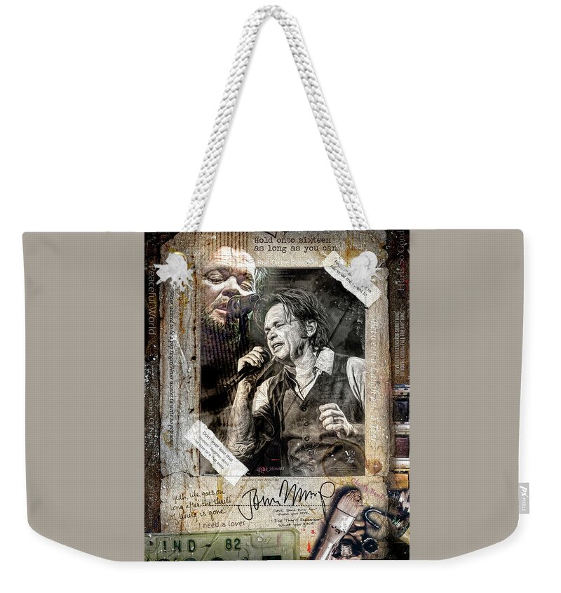 John Mellencamp Weekender Tote Bag featuring the mixed media John Mellencamp Collage by Mal Bray