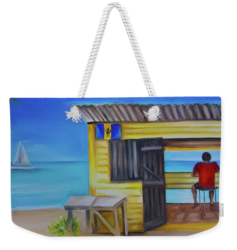 Beach Bar Weekender Tote Bag featuring the painting John Moore Barbados Beach Bar by Barbara Noel