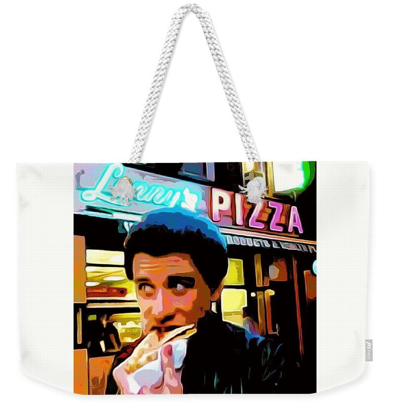 John Travolta Weekender Tote Bag featuring the painting John Travolta - How to Eat Pizza by Bellino