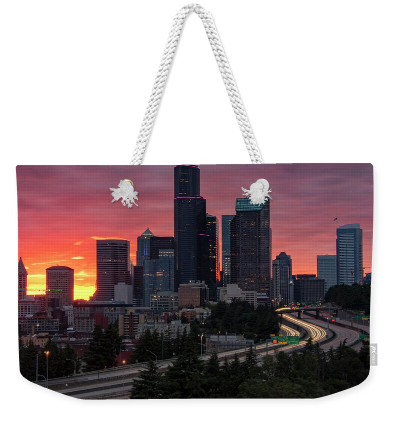 Seattle Weekender Tote Bag featuring the photograph Jose Rizal Bridge Cityscape Sunset by Matt McDonald