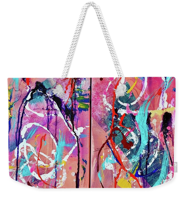 Acrylic Weekender Tote Bag featuring the mixed media Joy I and Joy II by Laura Jaffe