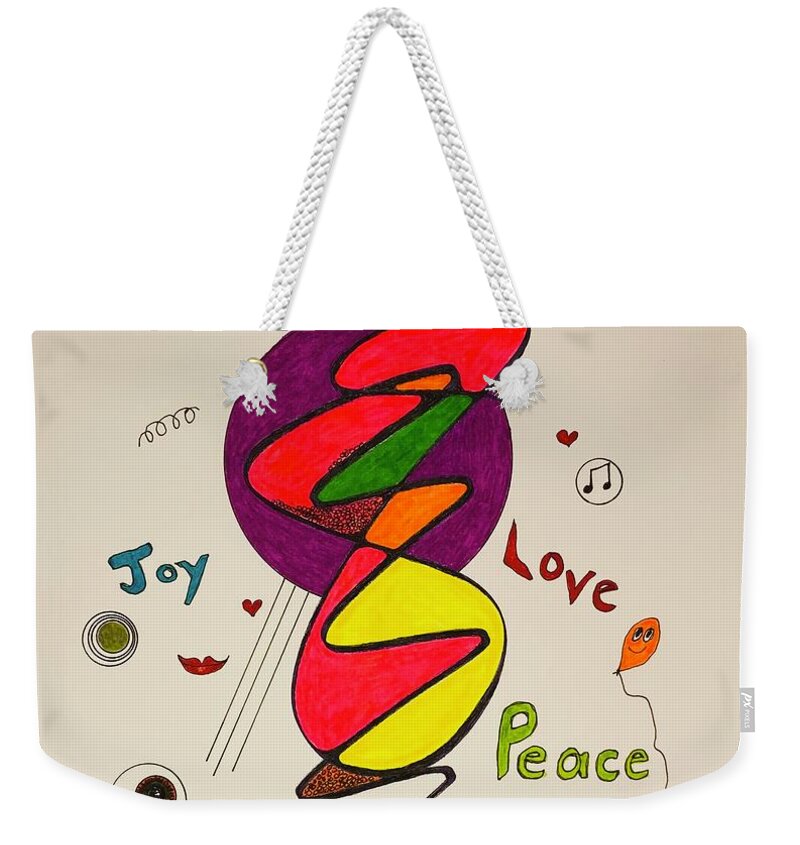  Weekender Tote Bag featuring the mixed media Joy Love Peace 1114 by Lew Hagood