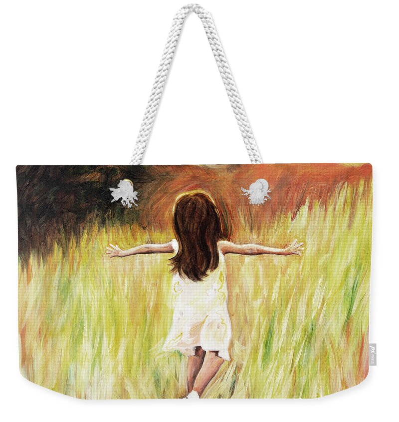 Joy Girl Running Field Sunshine Happy Joyful Peaceful Daughter Free Weekender Tote Bag featuring the painting Joy by Pamela Schwartz