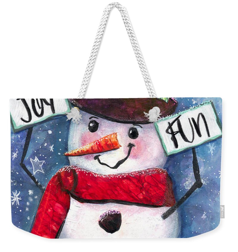 Snowman Weekender Tote Bag featuring the mixed media Joyful and Fun Snowman by Francine Dufour Jones
