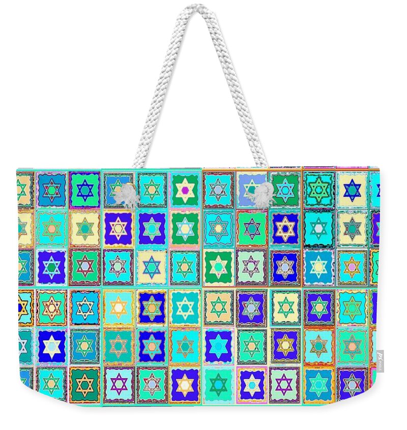 Judaica Weekender Tote Bag featuring the painting JUDAICA Lucky Emerald Stars by Sandra Silberzweig