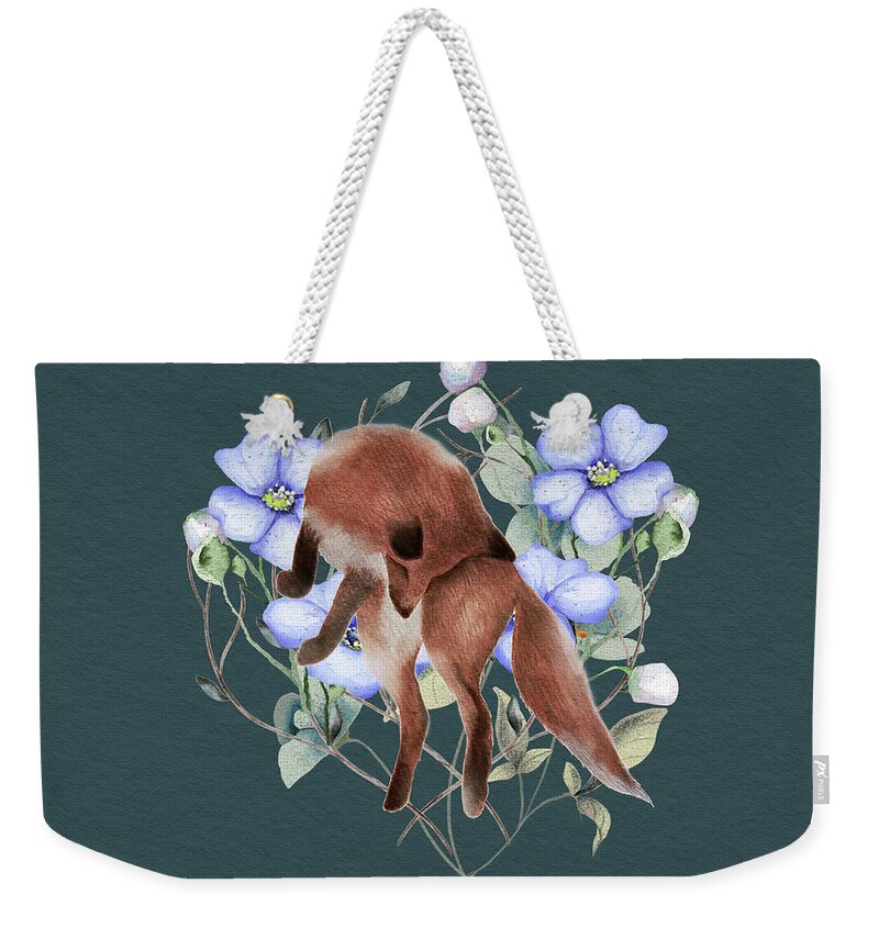 Fox Weekender Tote Bag featuring the painting Jumping Fox With Flowers by Garden Of Delights