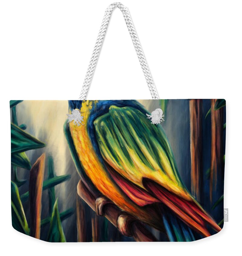 Bird Weekender Tote Bag featuring the painting Jungle parrot painting, colorful macaw by Nadia CHEVREL