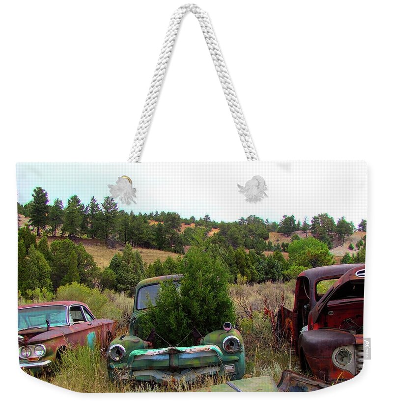 Old Rusty Pickups Weekender Tote Bag featuring the photograph Junkyard Series Rusty Pickups by Cathy Anderson
