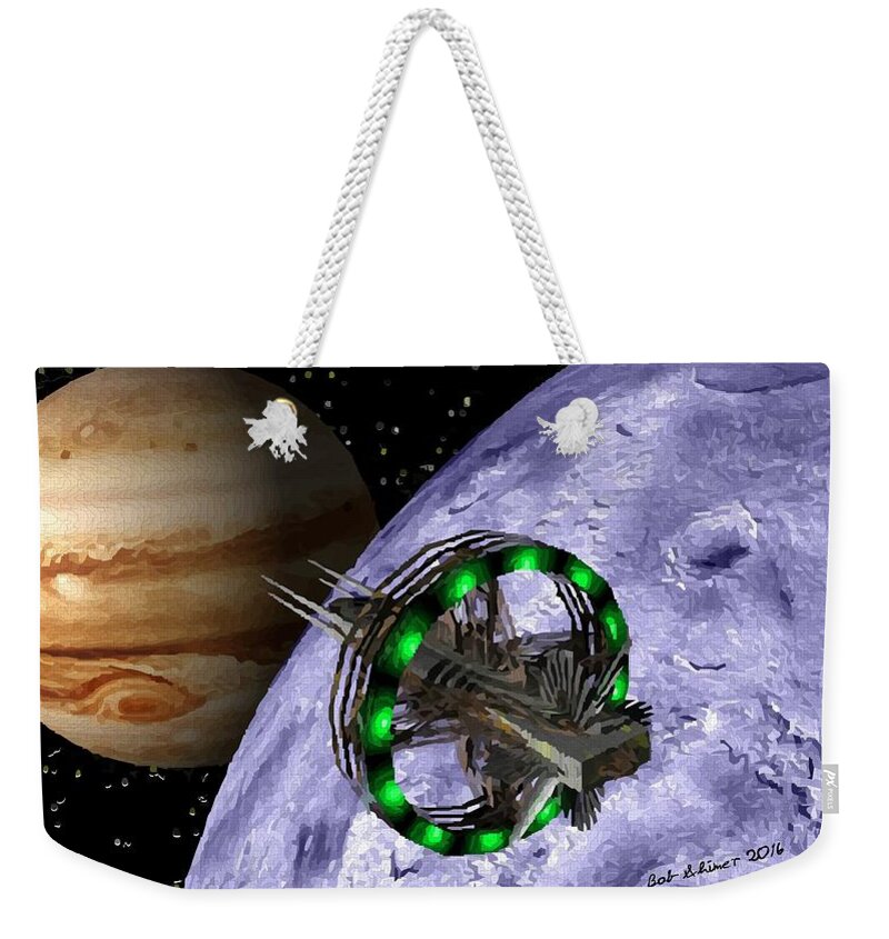 Digital Space Spaceship Jupiter Scifi Weekender Tote Bag featuring the digital art Jupiter Ascending by Bob Shimer
