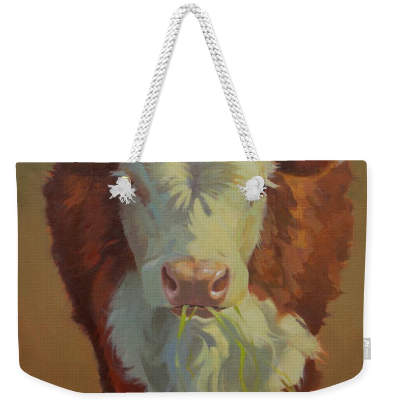 Farm Animals Weekender Tote Bag featuring the painting Just a Little Bull by Carolyne Hawley