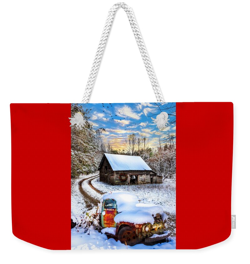 Barns Weekender Tote Bag featuring the photograph Just Before Christmas Snowfall by Debra and Dave Vanderlaan