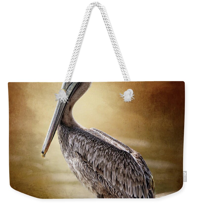 Pelican Weekender Tote Bag featuring the digital art Juvenile Brown Pelican by Linda Lee Hall