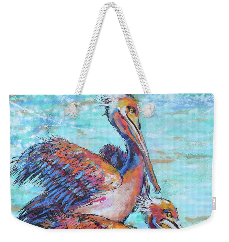 Juvenile Brown Pelican Weekender Tote Bag featuring the painting Juvenile Pelicans by Jyotika Shroff