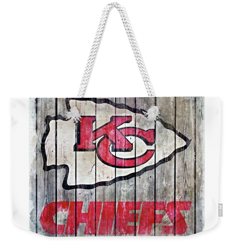 Kansas City Chiefs Weekender Tote Bag featuring the digital art Kansas City Chiefs Wood Watercolor 2 by CAC Graphics