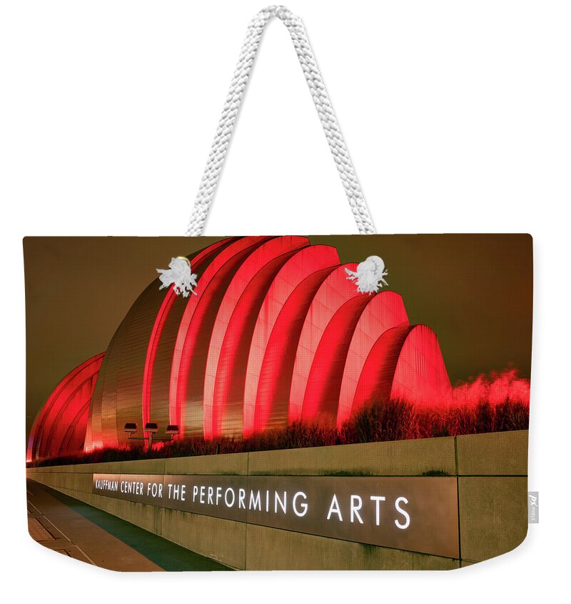 Kansas City Skyline Weekender Tote Bag featuring the photograph Kansas City Kauffman Center in Chiefs Red by Gregory Ballos